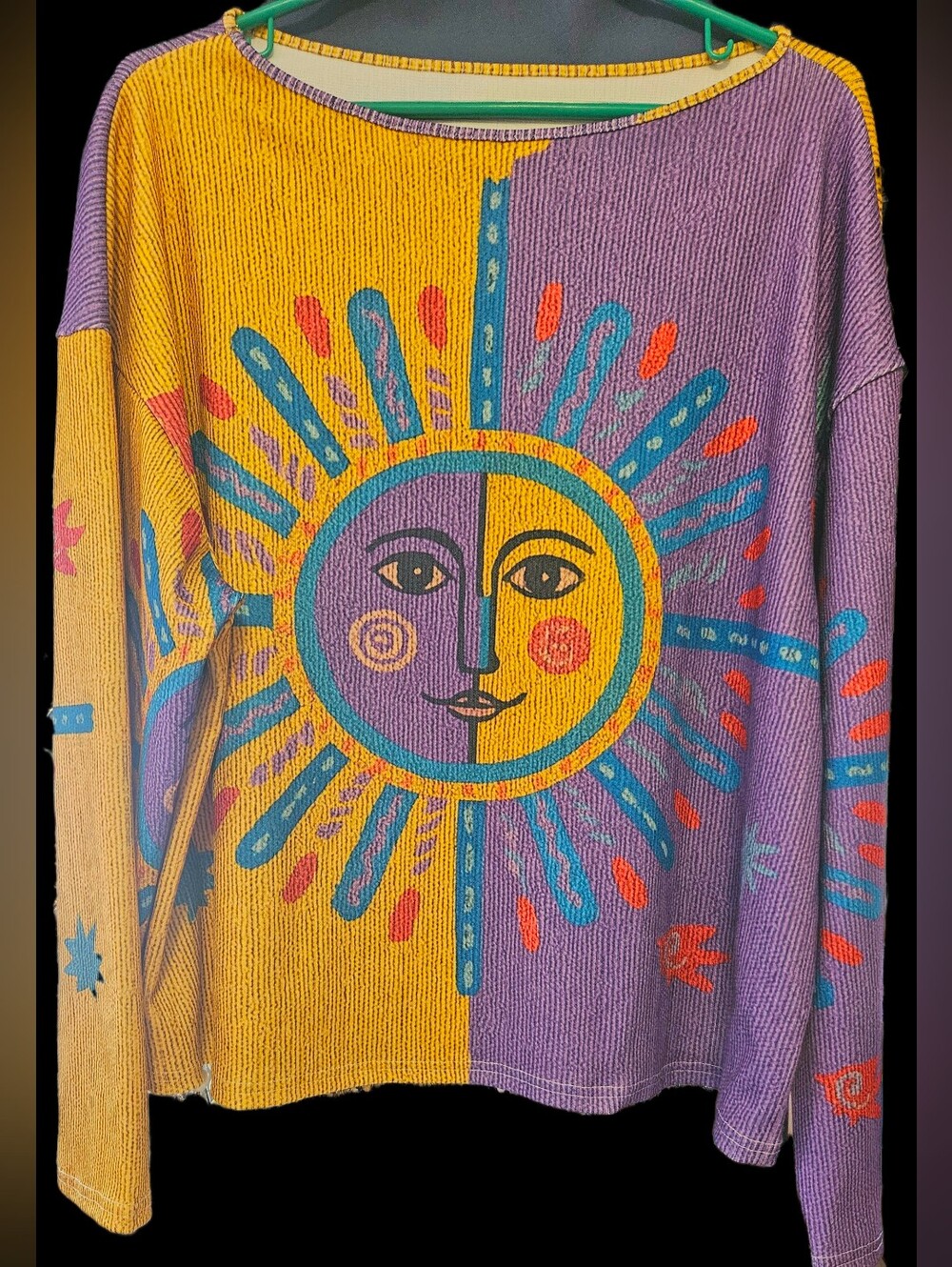 Sun Motif Colorblock Boatneck Top- Yellow & Purple Size 2X